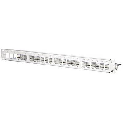 Ett tomt patchpanel med 24 portar, lämpligt för rackmontage i ett serverrum, möjliggör kabelorganisation och nätverksanslutningar.