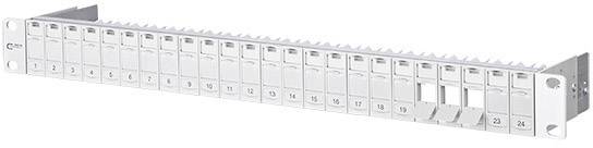 Patchpanel med 24 portar, numrerade från 1 till 24. Grå, monterbar.