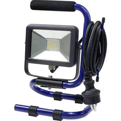 En bärbar LED-arbetsstrålkastare med blå stativ och svart handtag, utrustad med en lång strömsladd och eurokontakt.