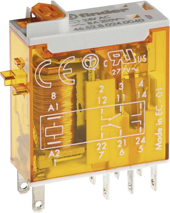 En orangefärgad reläenhet med elektriska symboler och anslutningar. Markeringar visar spänning och strömstyrka.