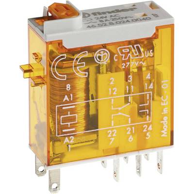 En orangefärgad reläenhet med elektriska symboler och anslutningar. Markeringar visar spänning och strömstyrka.