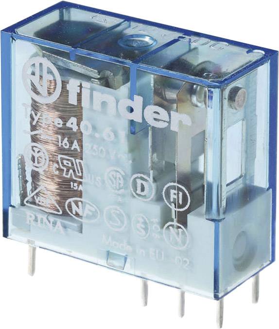 En blå elektromagnetisk relä märkt 'Finder Typ 40.61', 16A 250V~, visar inre komponenter och stiftanslutningar.