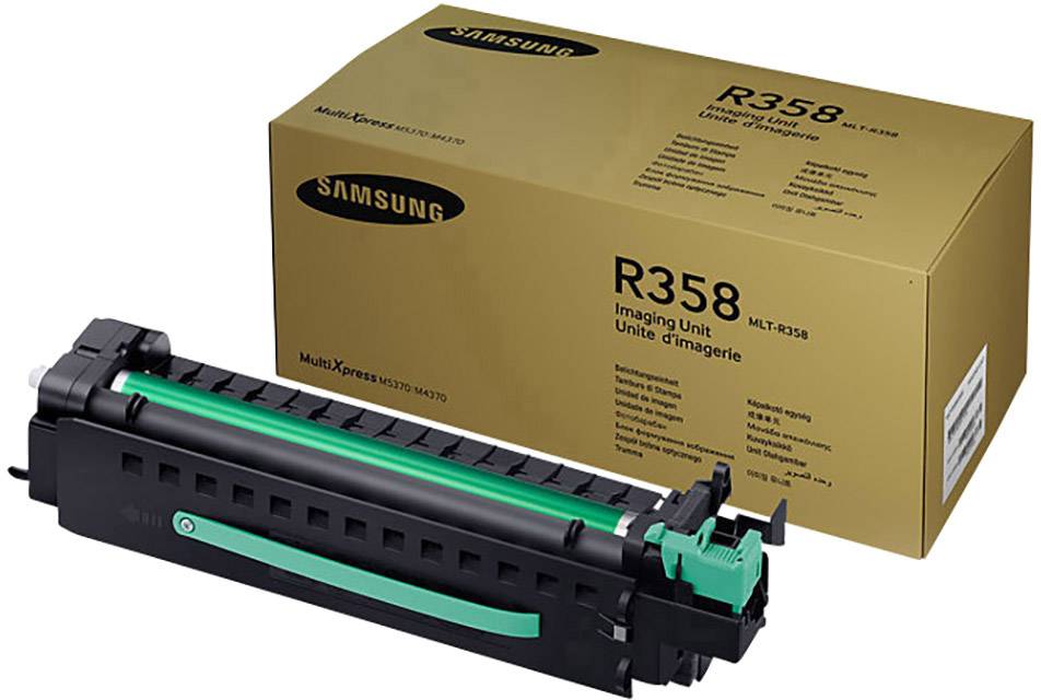 En Samsung Imaging Unit R358 för skrivare, bredvid originalförpackningen. Produkt avsedd för användning i specifika skrivarmodeller.