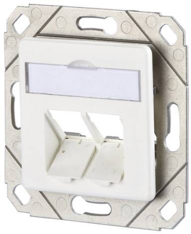 En vit dubbel nätverksuttag på ett monteringsbleck, lämplig för installationsväggar. Perfekt för Ethernet- eller telefonanslutningar.