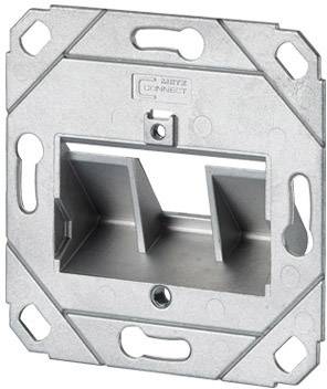 Metallmonteringsplatta med rektangulär öppning och fästhål i hörnen, sannolikt för väggmontering.