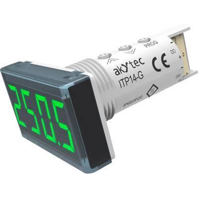 Elektronisk displayenhet med grönt display visar '2505'. Märkningar: 'akYtec ITP14-G', 'PROG', 'CE', '24V', 'IP65/IP20'.
