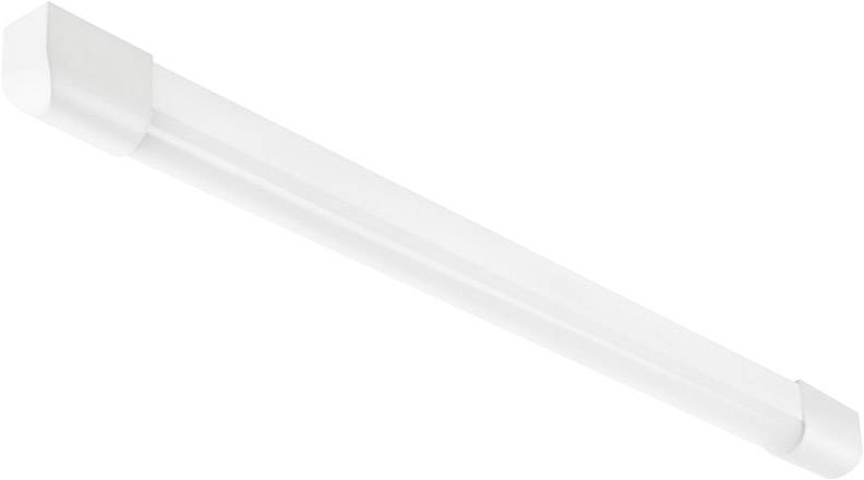 En avlång, vit LED-armatur med rektangulär form, lämplig för takmontering inomhus.