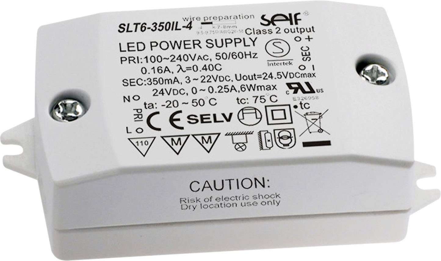 Ett LED-nätaggregat med modellnummer SLT6-350IL. Det har specifikationer för ingångs- och utgångsspänning, varningsmeddelanden och certifieringslogotyper.
