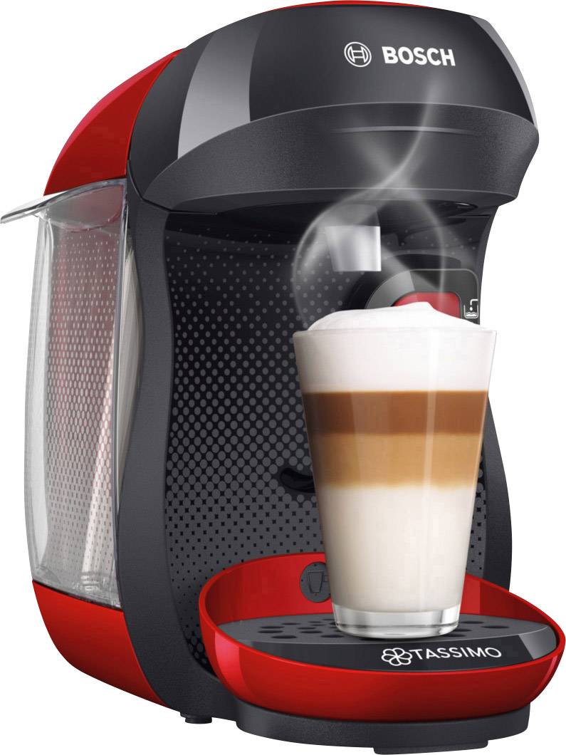 Röd Bosch-Tassimo-kaffebryggare bereder en tredimensionell dryck.