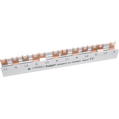 Fasindelad skena med flera kopparkontakter, märkta 'L1', 'N', 'L2', 'N', 'L3', 'N'. Produkt från Hager för elinstallationer.
