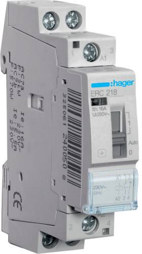 En grå elektronisk switch med påskriften 'Hager ERC 218', visar tekniska specifikationer och anslutningskontakter.