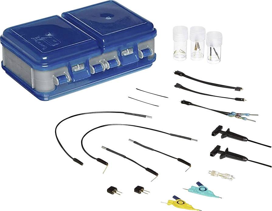 Ett diagnoskit med blå låda, olika kablar och adaptrar för elektroniska tester. Lämpligt för professionella tillämpningar.