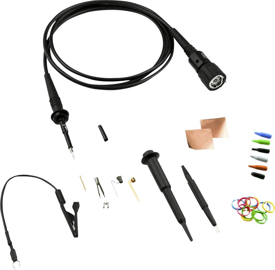 Oscilloskop-probandsats med kabel, klämma, diverse prober och färgmarkeringar. Perfekt för exakta elektroniska mätningar.