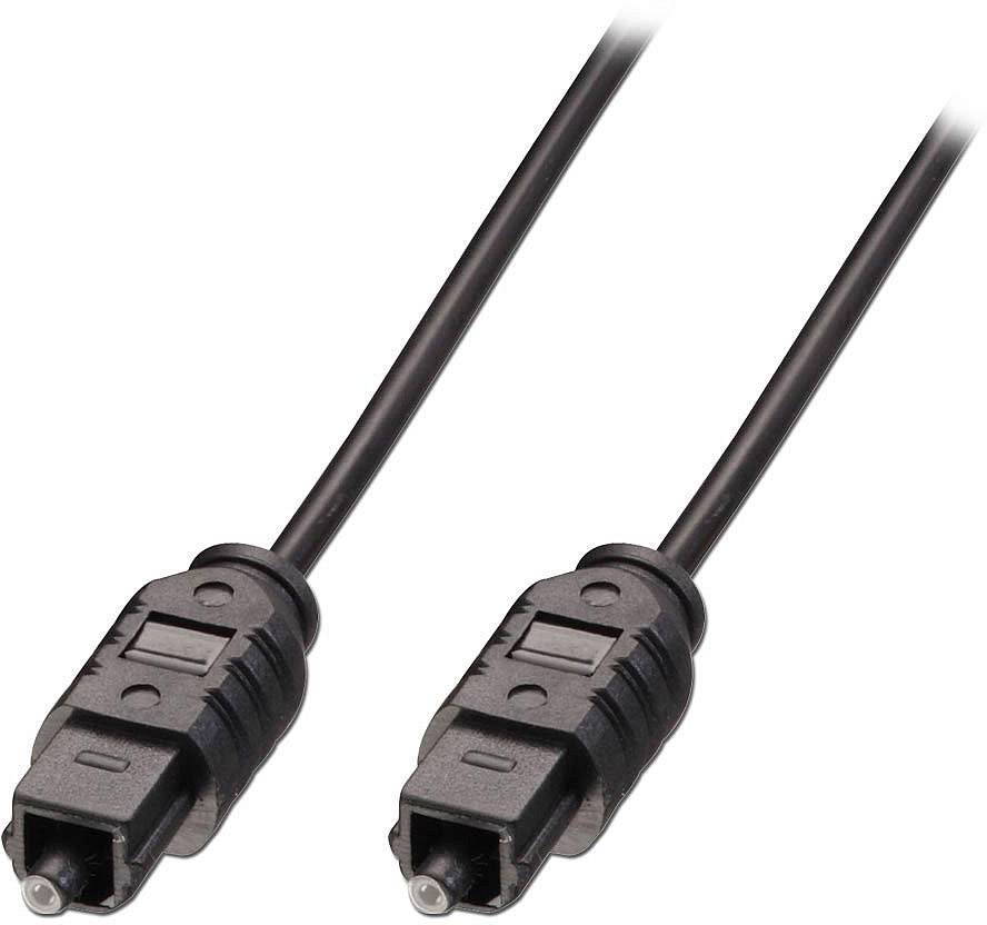 Ett svart optiskt audiokabel med två Toslink-kontakter i ändarna för digital audioöverföring.