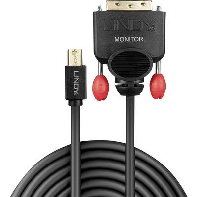 En lång, svart monitorkabel med VGA-anslutning och en Mini DisplayPort-kontakt, båda svarta med guldkontakter.