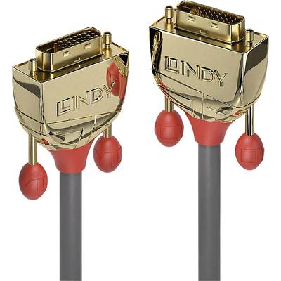Två förgyllda HDMI-kablar med röda ändar, märkta med 'Lindy'.