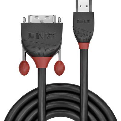 En svart Lindy-kabel som visar en HDMI-kontakt och en särskild bredare kontakt med röd kantning.