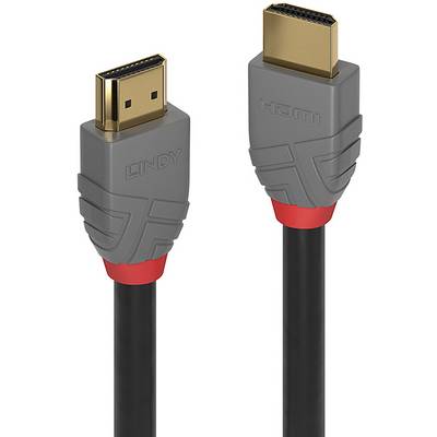 Ett HDMI-kabel med grå kontakter och röd ring. Kontakten till vänster är märkt 'LINDY', den till höger är märkt 'HDMI'.