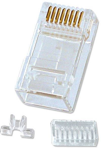 En RJ-45-kontakt i genomskinlig plast med guldkontakter. Bredvid ligger en separat plastdel.