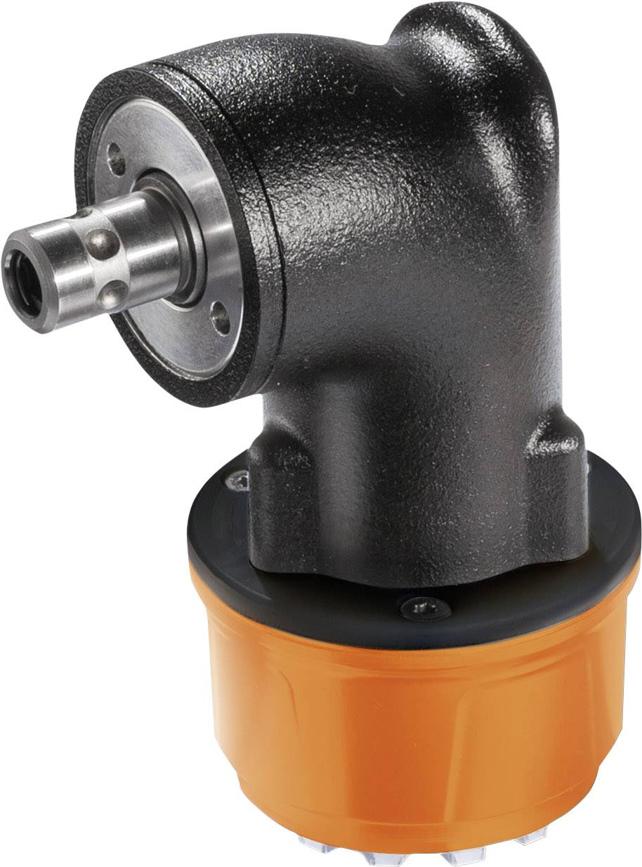 Svart, rätvinkligt kugghjul med orange bas. Används för kraftöverföring i mekaniska system.