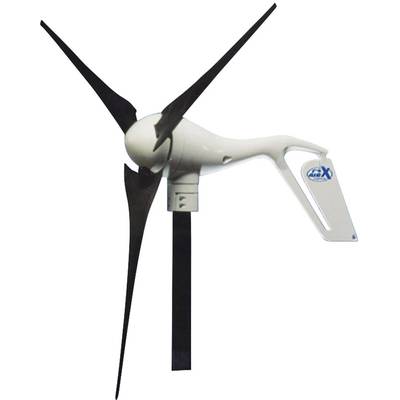 En modern vindturbin med tre långa, svarta rotorblad och ett vitt hölje, lämplig för alternativ energiproduktion.