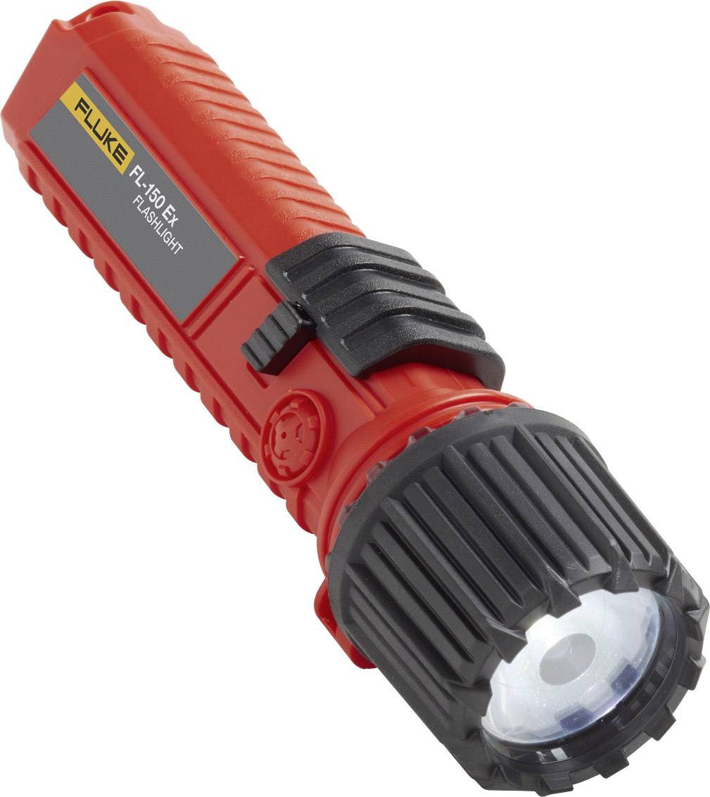 En röd ficklampa med svart handtag och stor lampa, lämplig för professionell användning.