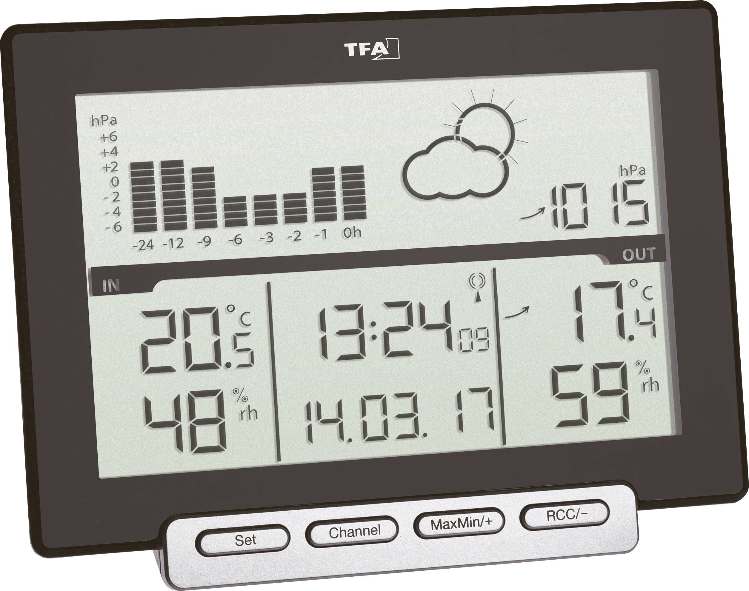 Elektronisk väderstation visar: Temperatur inomhus 20,7°C, utomhus 17,0°C; Luftfuktighet inomhus 48%, utomhus 59%; Tid 13:24.