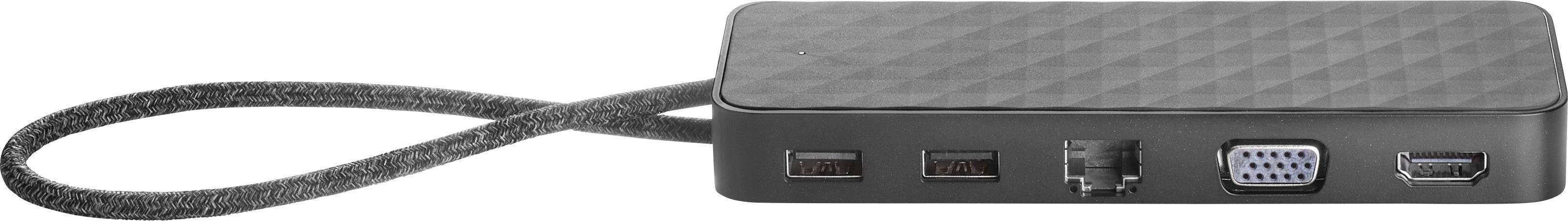 USB-C-dockningsstation med flera anslutningar: två USB-A, Ethernet, VGA och HDMI. Perfekt för att ansluta flera enheter.