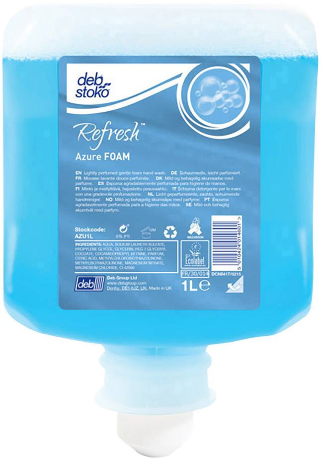 En blå tvålpump med texten 'Refresh Azure FOAM'. Pumpen innehåller 1 liter vätska och är återvinningsbar.