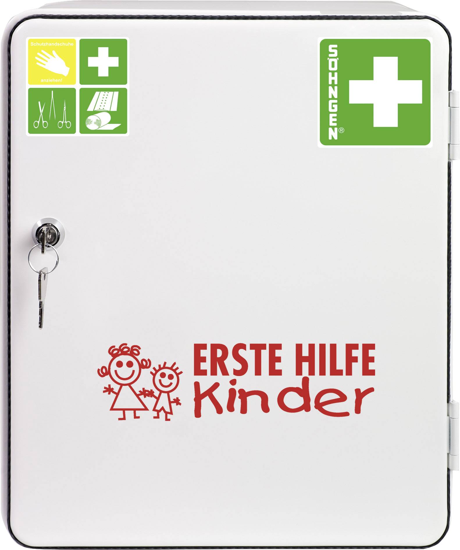 Ett vitt första hjälpen-skåp med grönt kors och 'Söhngen'-logotyp. Texten 'FÖRSTA HJÄLPEN Barn' i rött med en teckning av två barn.