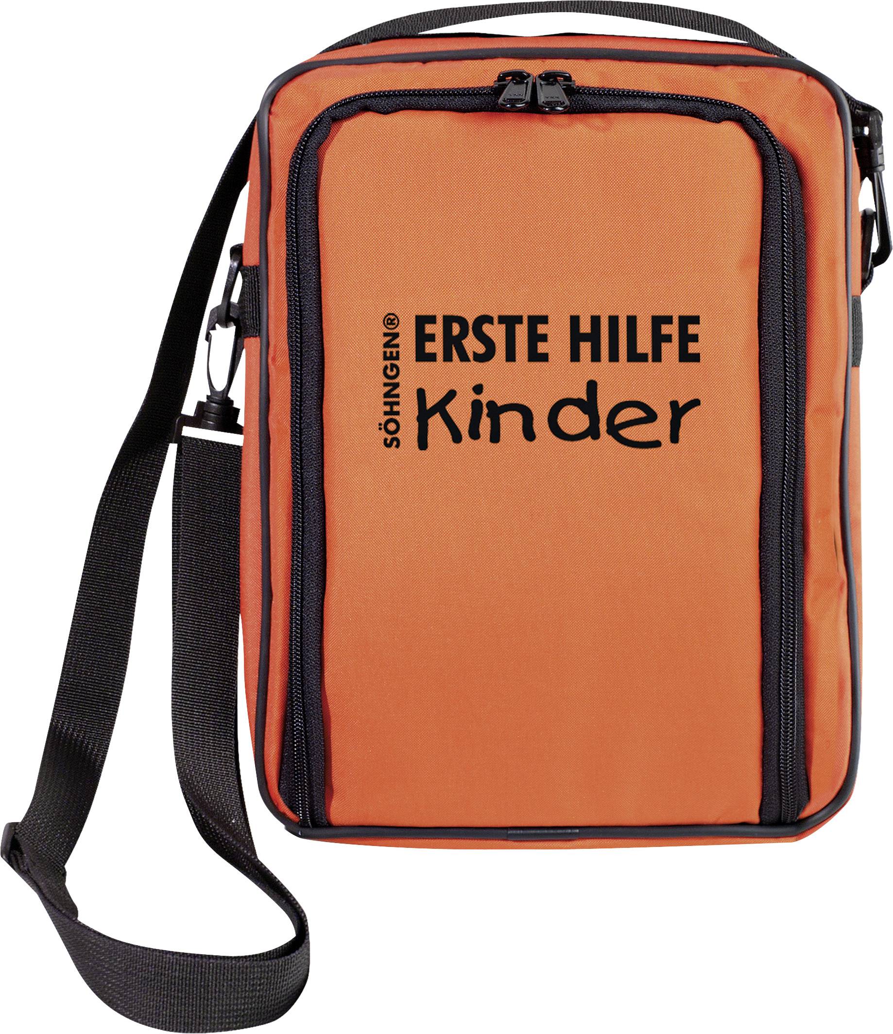 En orange väska med svart text som visar 'FÖRSTA HJÄLPEN Barn', använd för nödutrustning för barn.