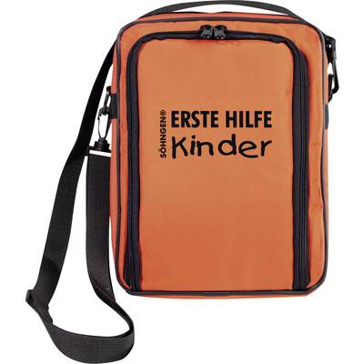 En orange väska med svart text som visar 'FÖRSTA HJÄLPEN Barn', använd för nödutrustning för barn.
