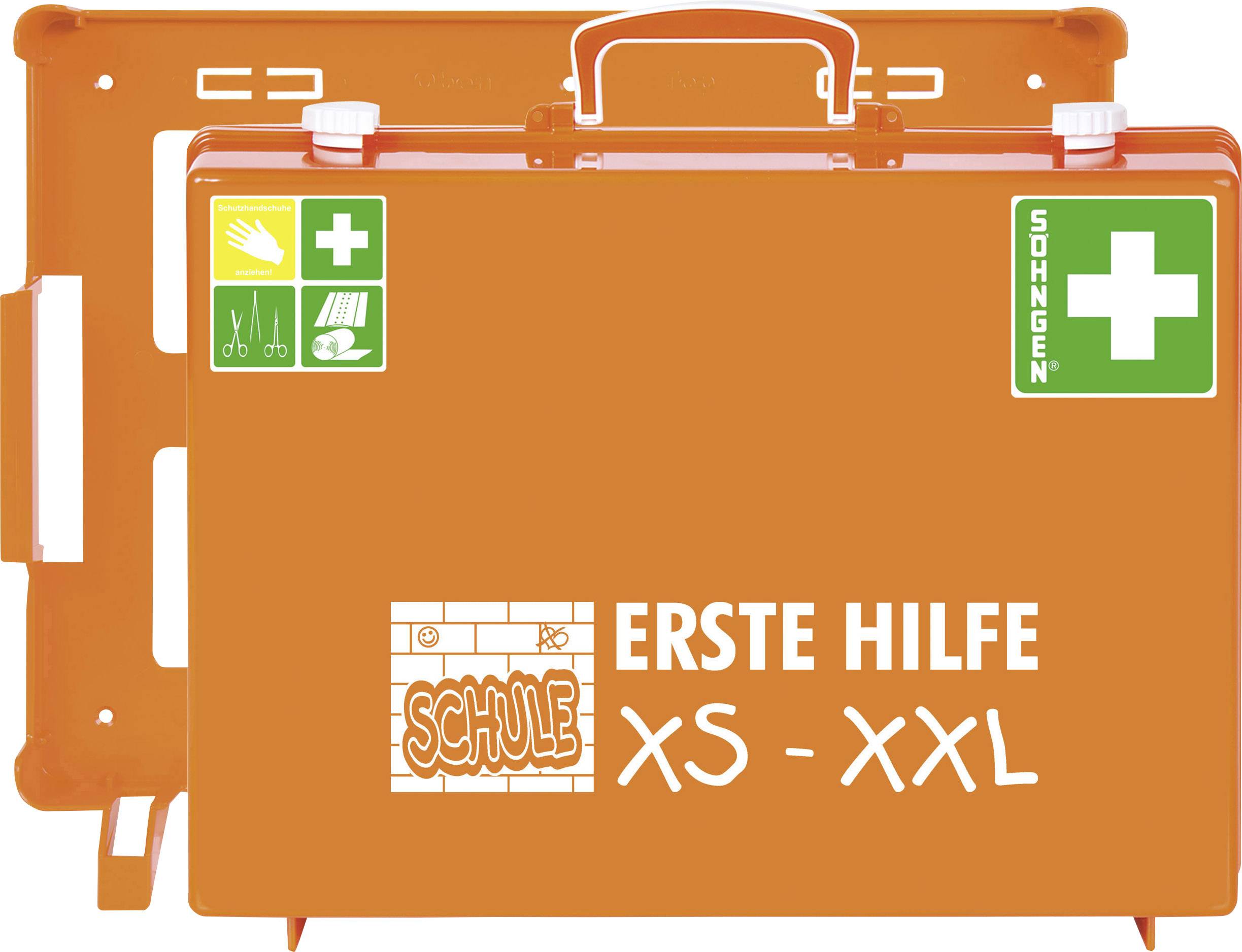 Orange första hjälpen-väska med tryck 'FÖRSTA HJÄLPEN XS-XXL' och symboler för medicinsk vård, lämplig för skolbruk.
