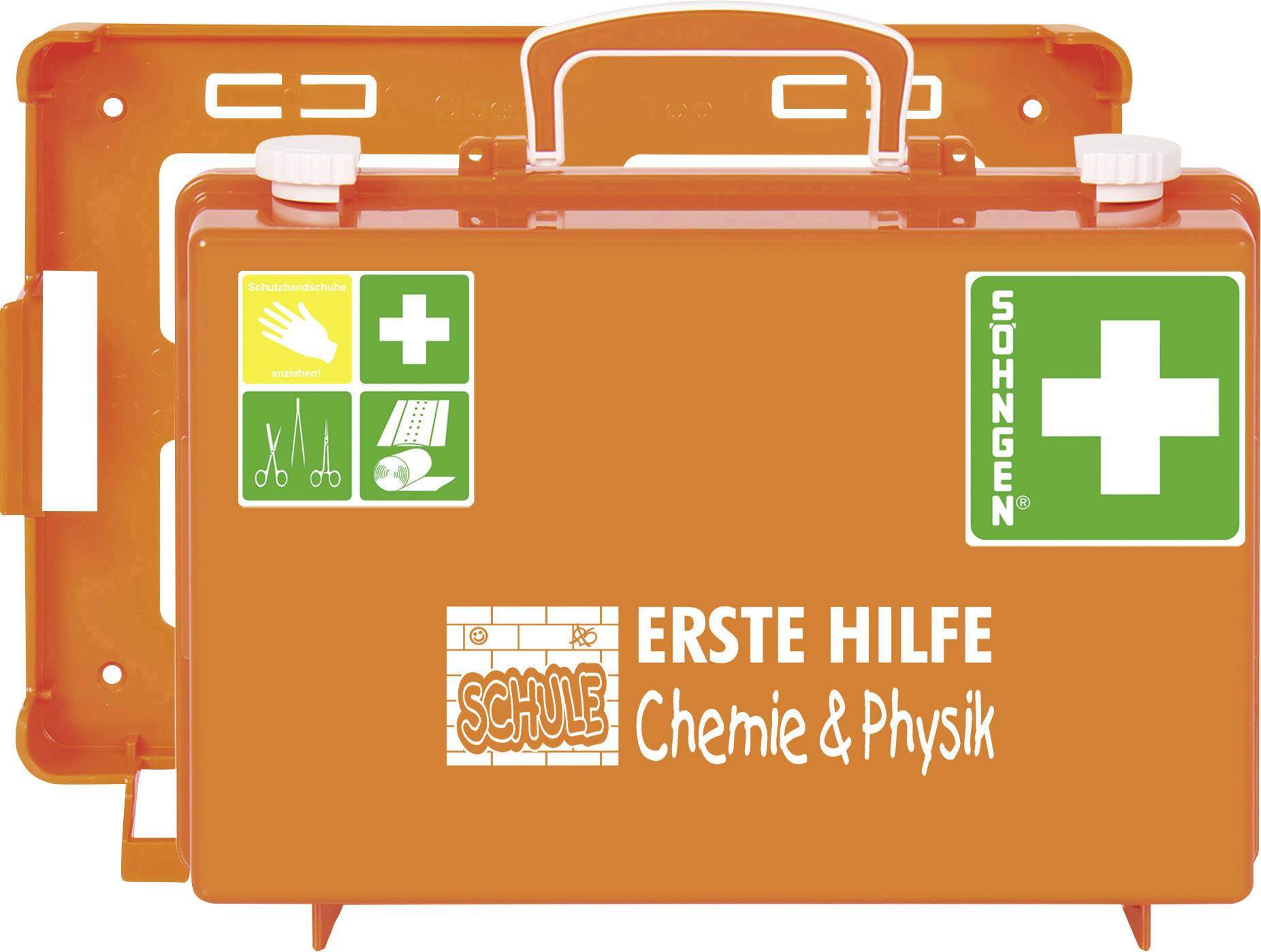 Orangefärgad första hjälpen-låda med vita symboler för första hjälpen och kemi & fysik. Innehåller ikoner för handskar, sax och kors.