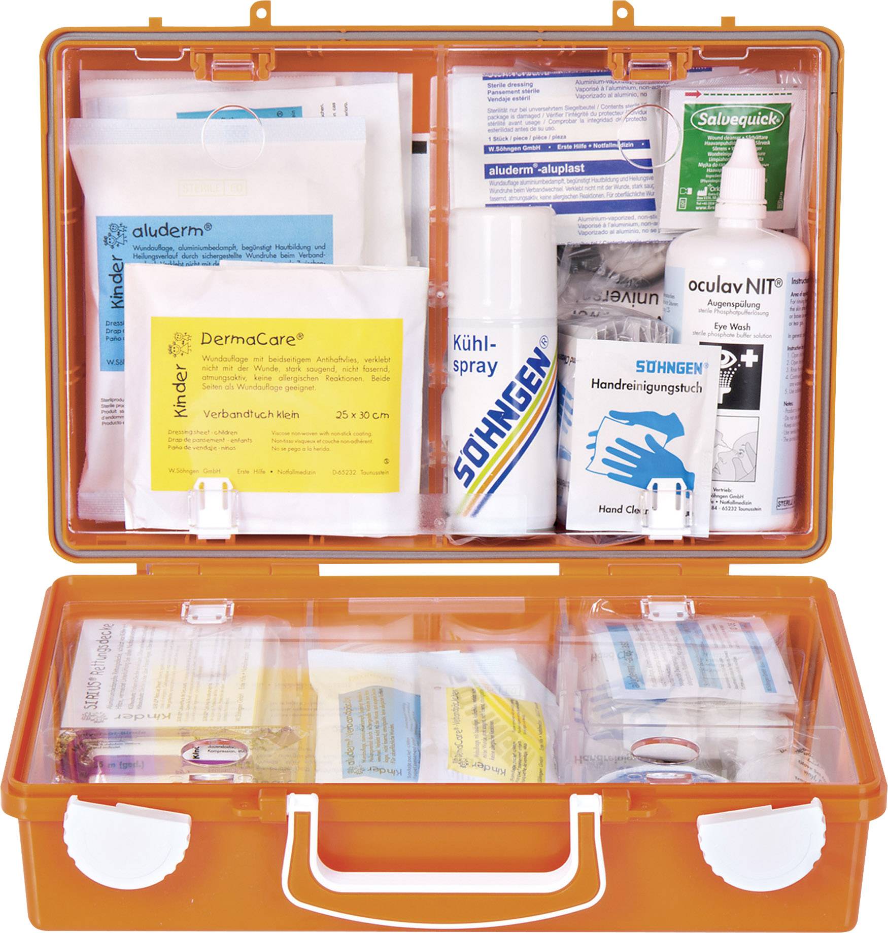 Orange första hjälpen-väska med olika medicinska produkter som förbandsmaterial, kylspray och sterila lösningar.