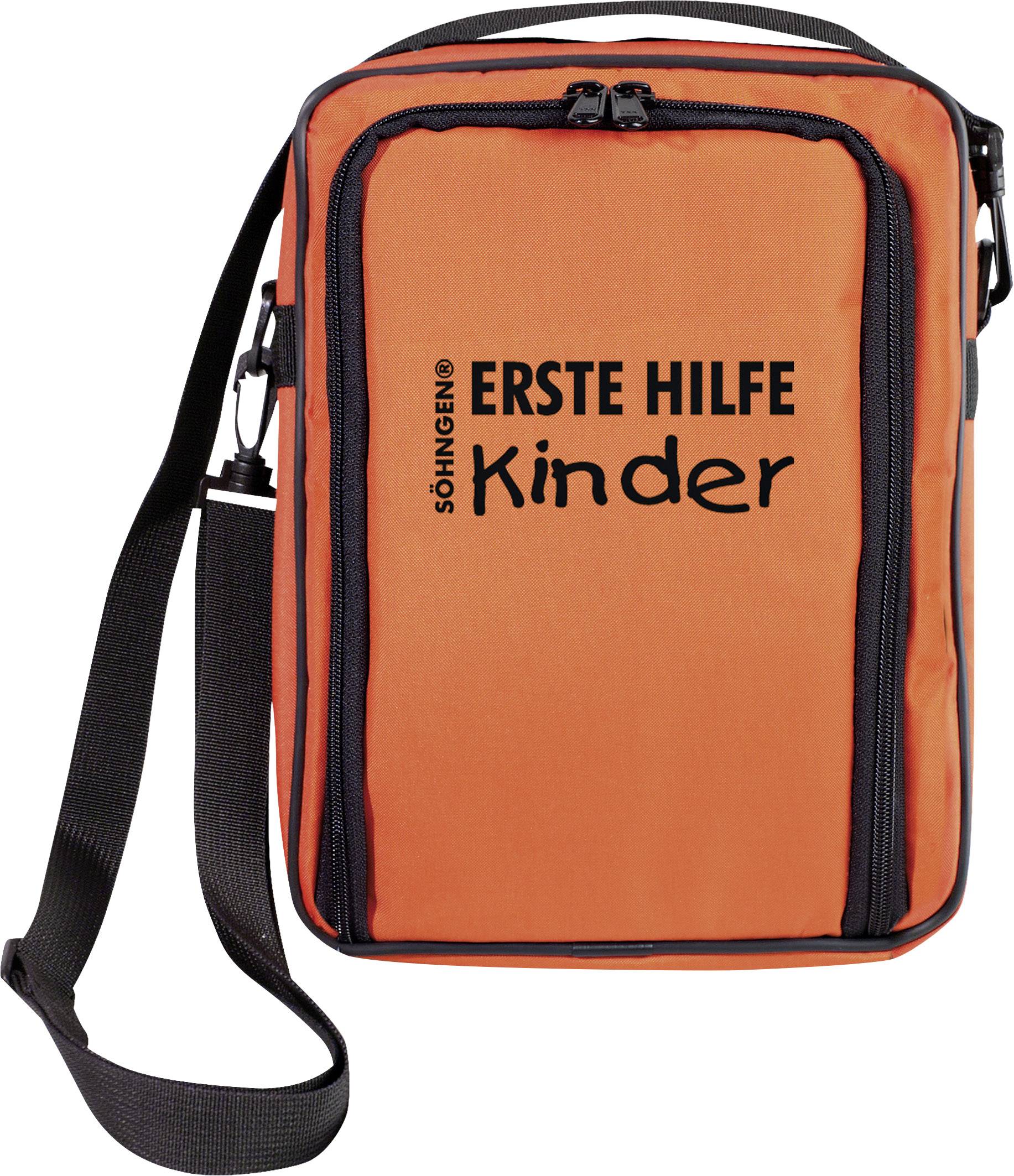 Orange första hjälpen-väska med texten 'FÖRSTA HJÄLPEN Barn'. Svarta dragkedjor och justerbar axelrem.