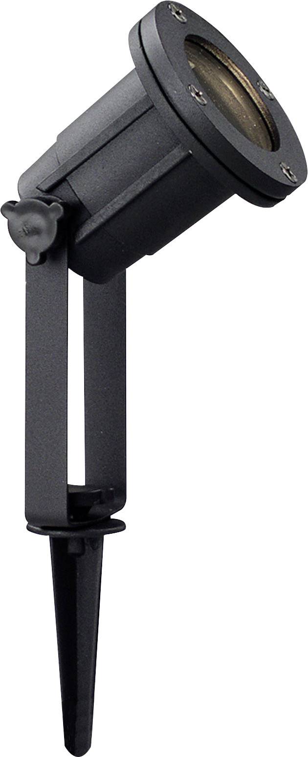 Svart trädgårdsstrålkastare med markspett, riktad uppåt. Lämplig för belysning av växter eller arkitektoniska detaljer utomhus.