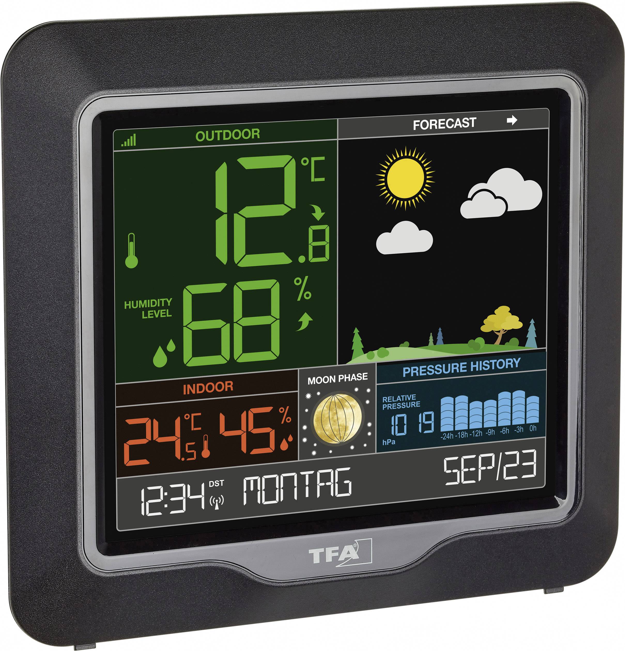 Digitalt väderdisplay visar: Ute 12°C, 68% luftfuktighet; Inne 24,5°C, 45%. Väderprognos: Soligt. Månfas och lufttryckskurva. Datum: 5 september.