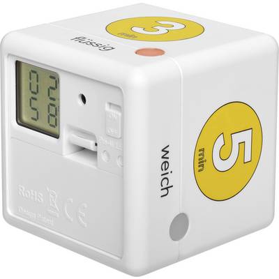 Vit äggkokare i kubform, visar alternativen 'mjuk' för 5 minuter och 'flytande' för 3 minuter på gula cirkelytor.
