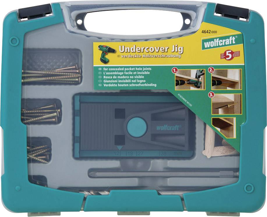 Wolfcraft Undercover Jig i fodral med skruvar och tillbehör för dold träskruvning, instruktionsmanual och användningsexempel.