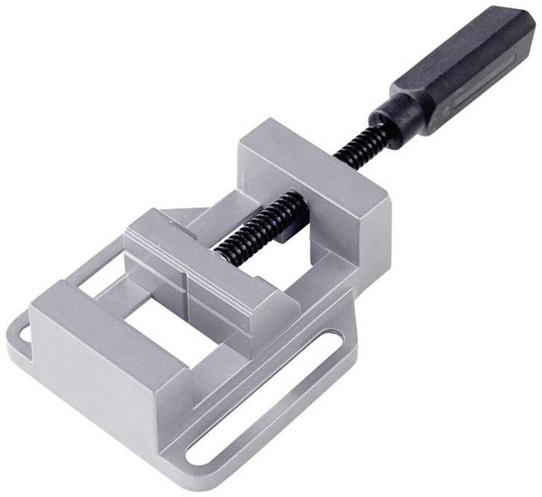 Grå skruvstäd av metall på vit bakgrund. En vev för justering är synlig. Verktyg för att fixera objekt.