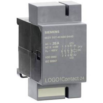 'SIEMENS LOGO!Contact 24' kontaktorenhet, grå, 20A märkström, för AC 3 vid 400V, DIN-skensmontering, med tekniska specifikationer fram.