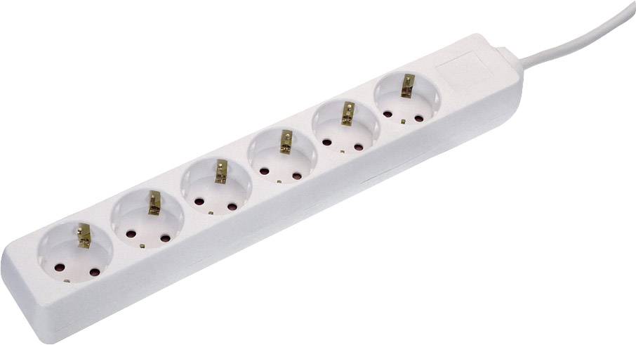 En vit, sexdelad grenuttag med nätkabel, lämplig för samtidig anslutning av flera elektriska enheter.