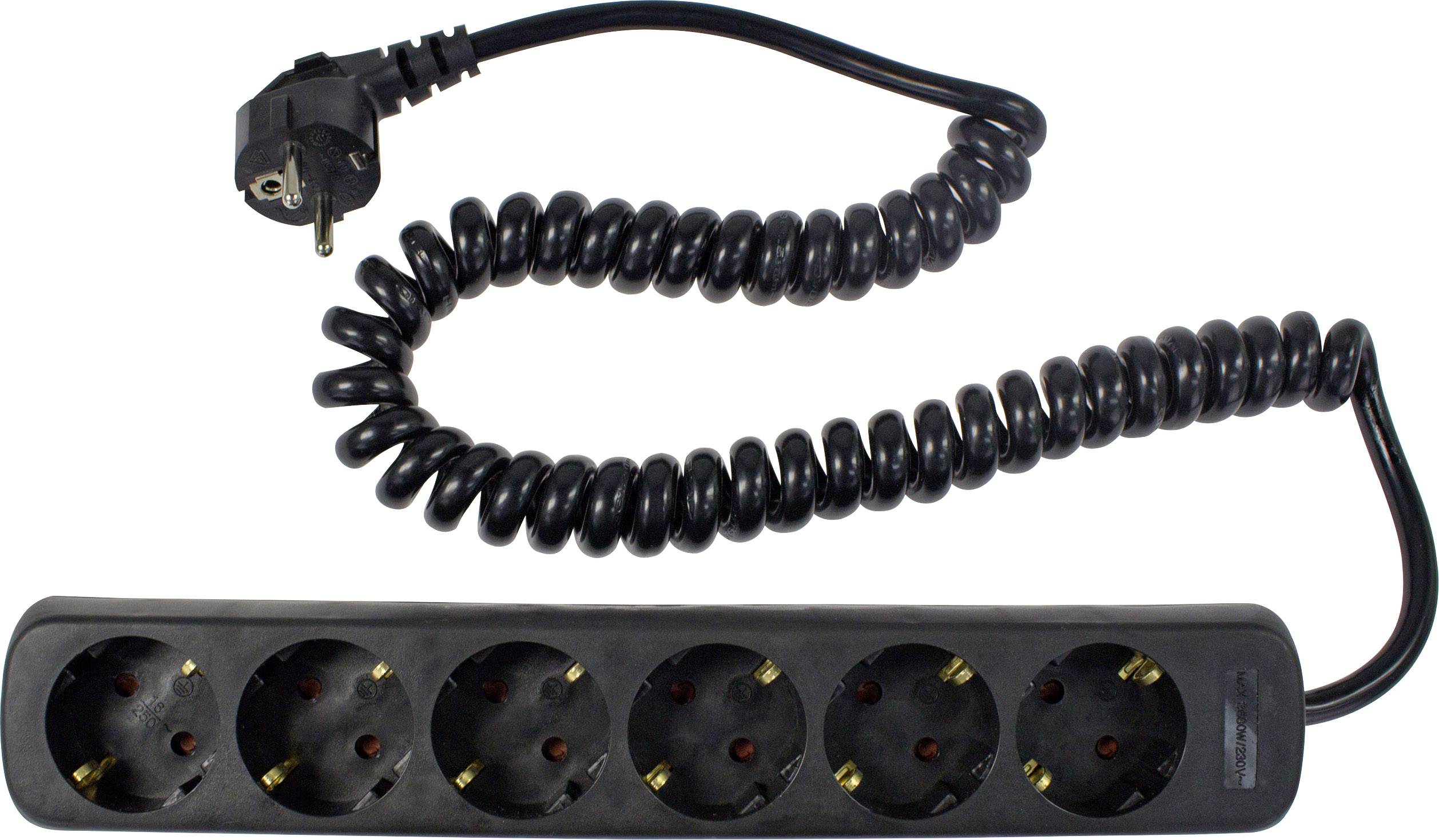 Svart grenuttag med sex uttag och spiralformat, flexibelt kabel.