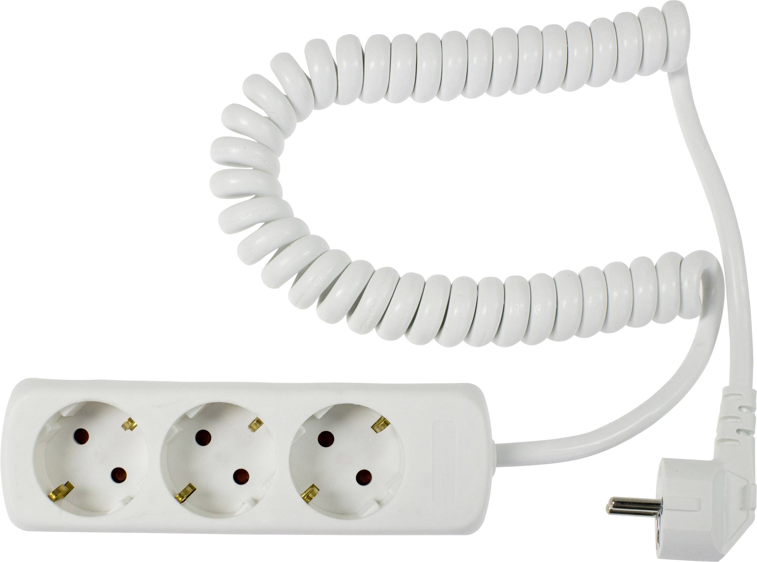 Tredubbelt uttag med vitt spiralkabel och Schuko-kontakt, lämplig för anslutning av flera elektriska enheter till ett uttag.
