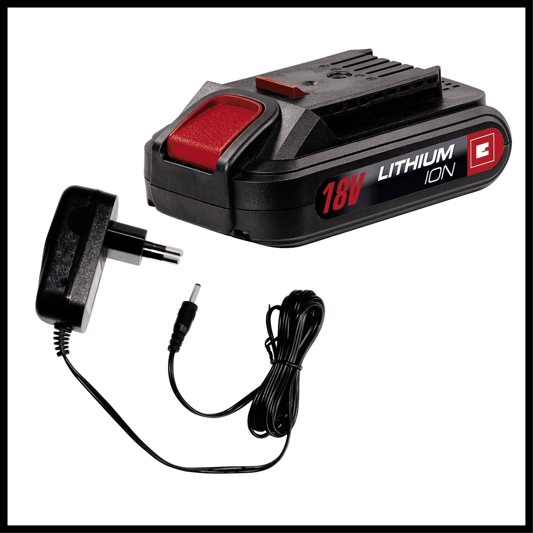 Batteripaket med 18V litiumjonbatteri och tillhörande laddare.
