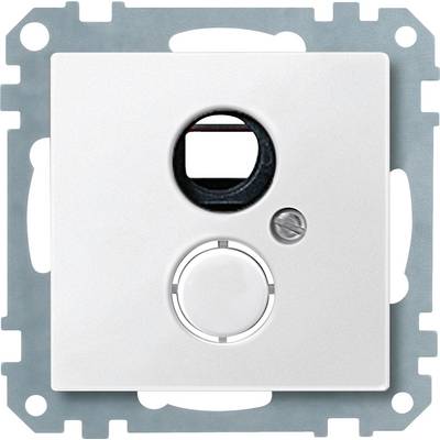 En vit strömbrytare med rund dimmer och ett rektangulärt sensorområde högst upp på en metallmonteringsplatta.