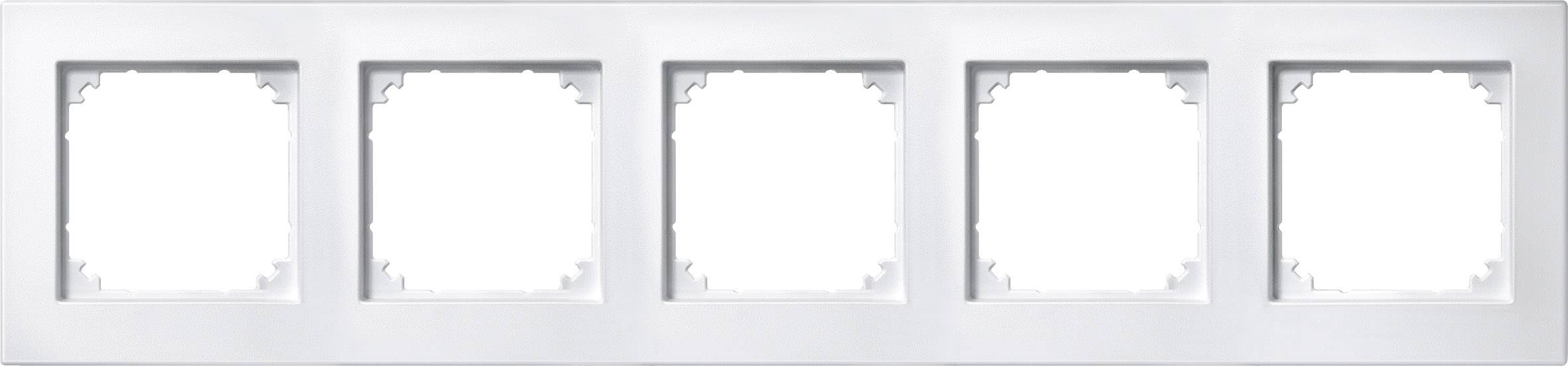 Femfaldig vit ram för ljusbrytare eller eluttag, lämplig för installation i en vägg.