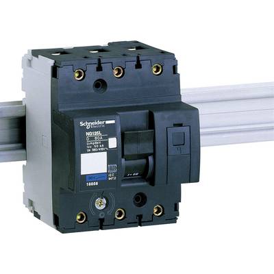 Effektbrytare från Schneider Electric, modell NS125L, monterad på en metallskena. Lämplig för 80A, 50Hz, 380/415V.