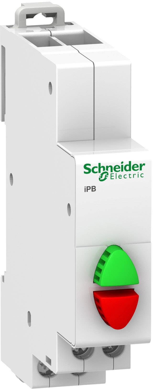 En elektrisk omkopplare från Schneider Electric med grön 'Till'- och röd 'Från'-knapp, kallad iPB.
